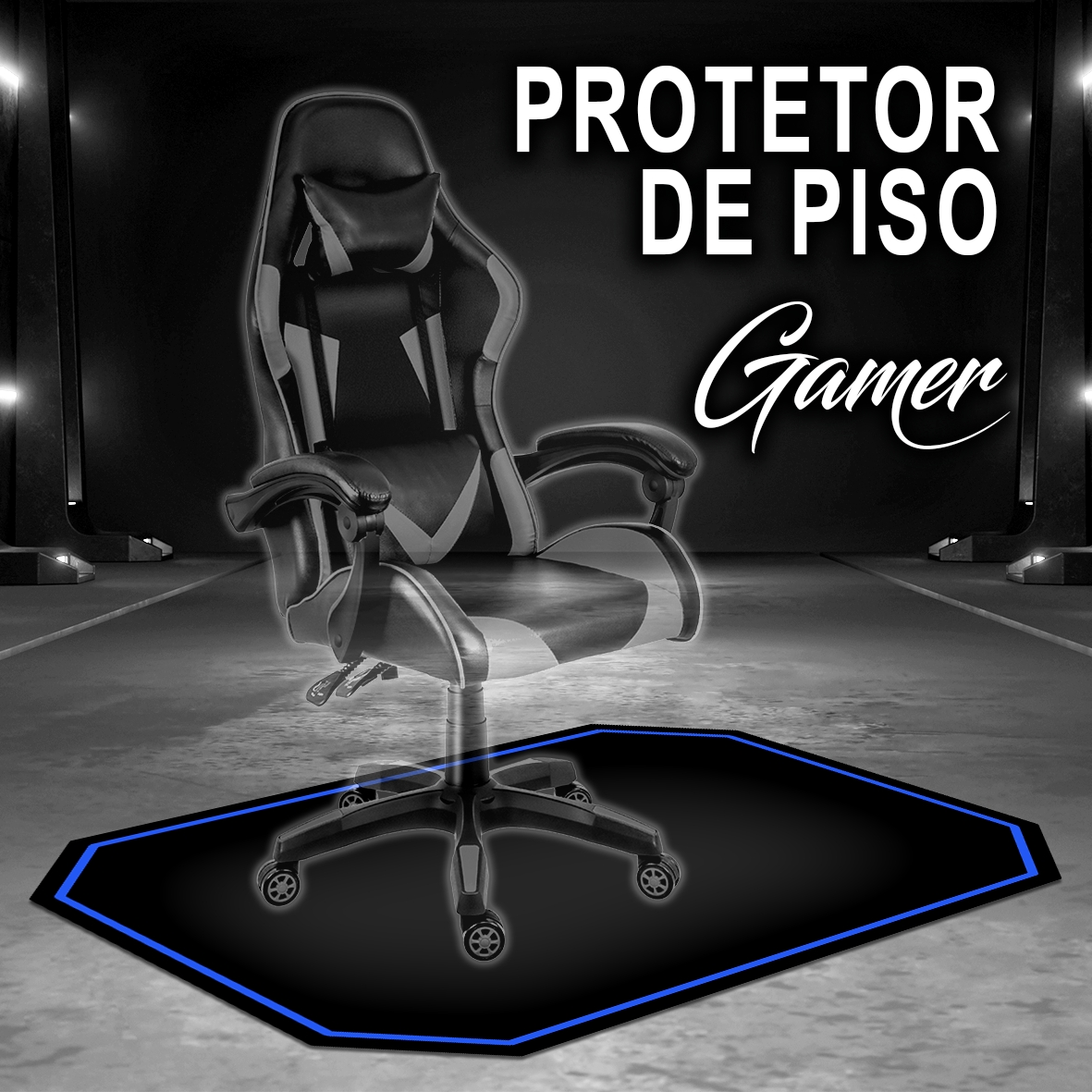 Protetor de Piso Tapete para Cadeira Gamer 1,20x85cm Preto com Borda Azul