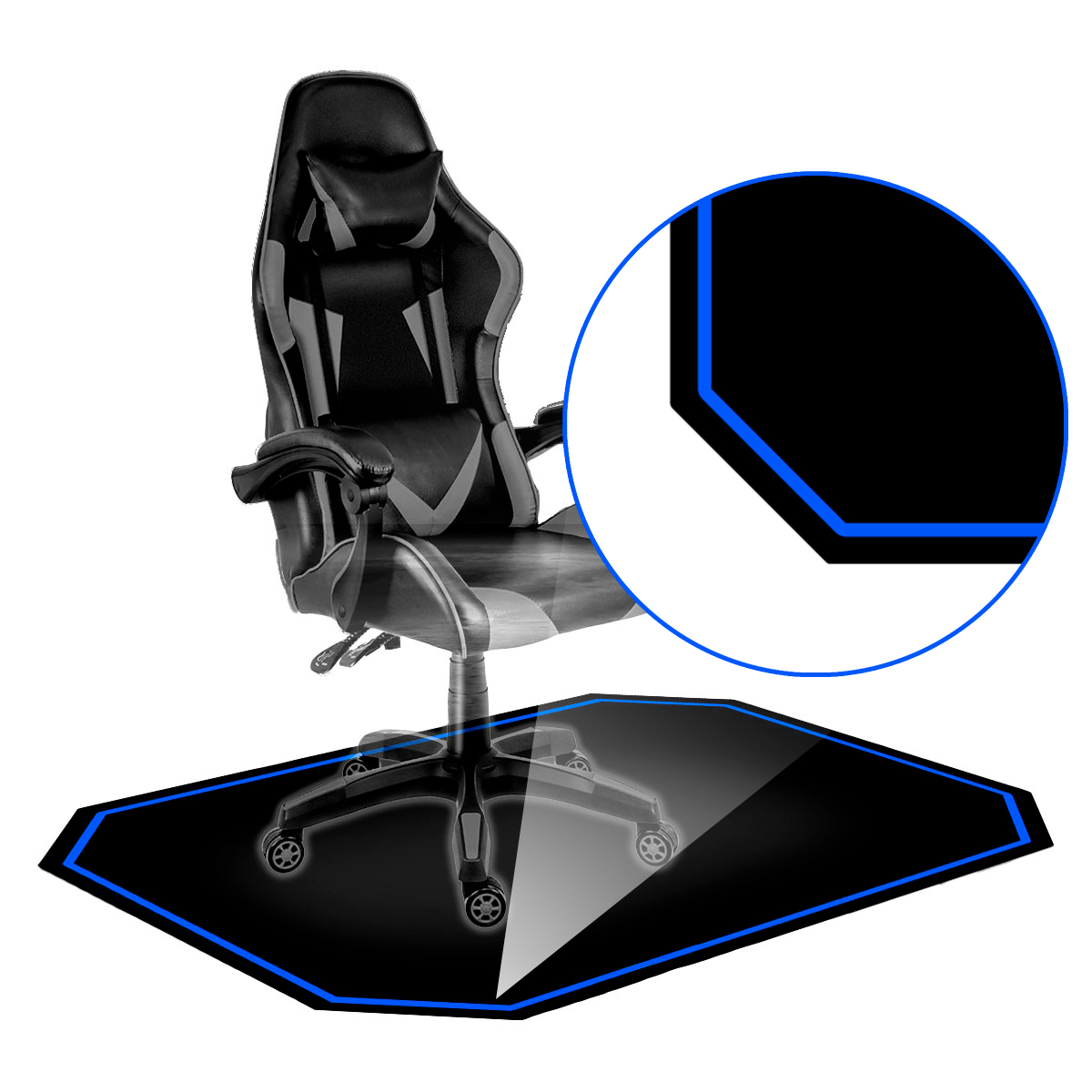 Protetor de Piso Tapete para Cadeira Gamer 1,20x85cm Preto com Borda Azul