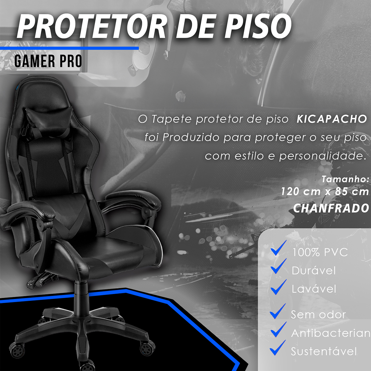 Protetor de Piso Tapete para Cadeira Gamer 1,20x85cm Preto com Borda Azul