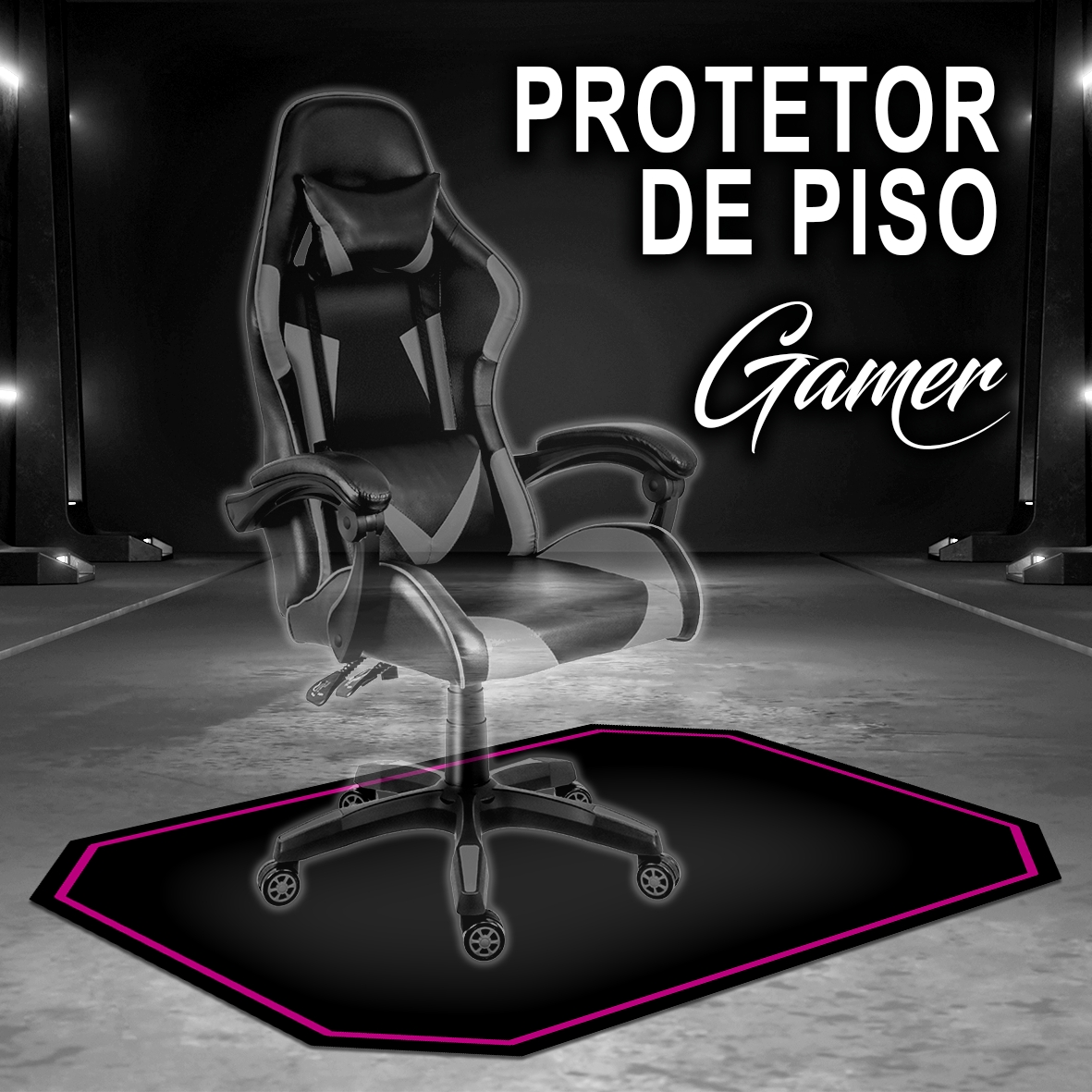 Protetor de Piso Tapete para Cadeira Gamer 1,20x85cm Preto com Borda Rosa