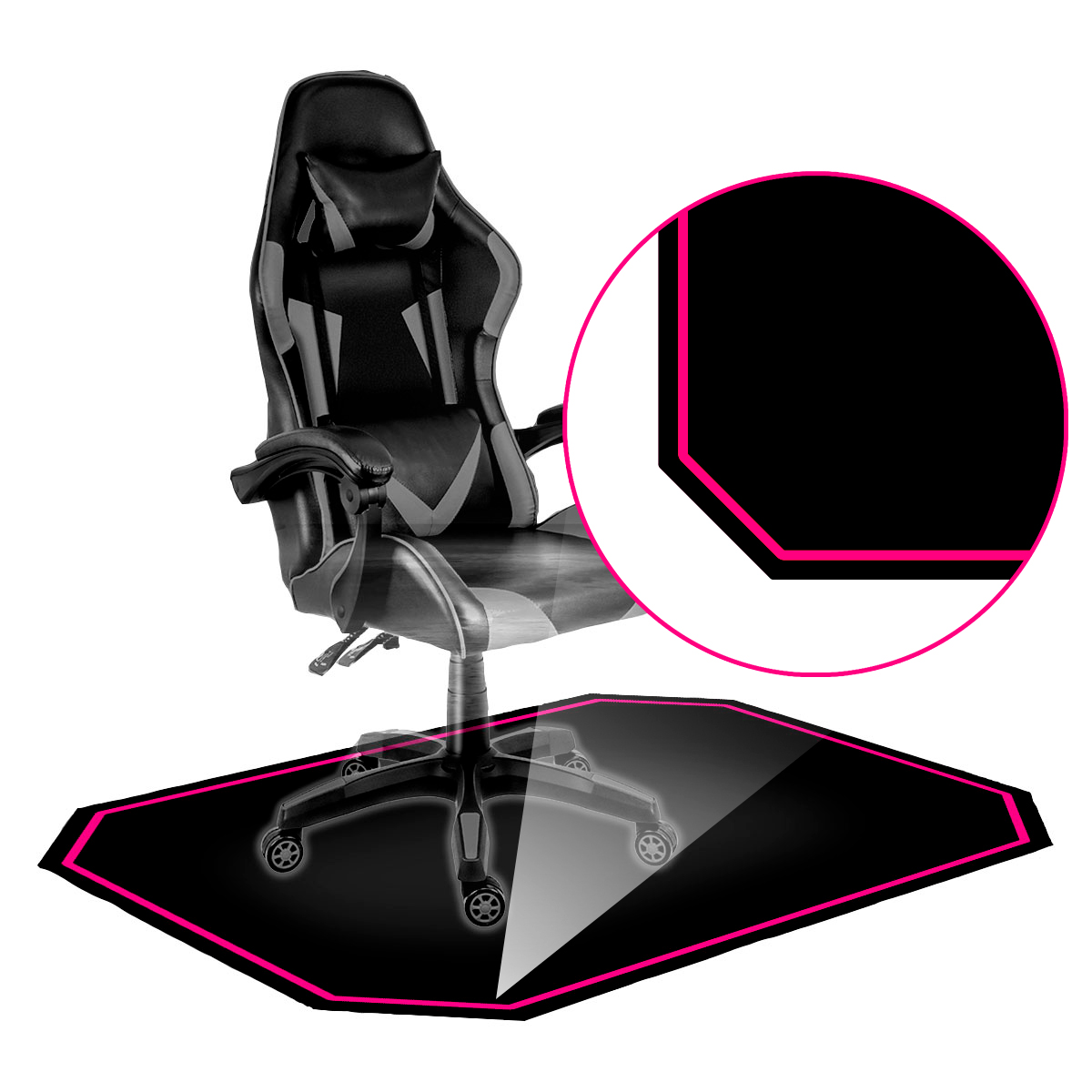 Protetor de Piso Tapete para Cadeira Gamer 1,20x85cm Preto com Borda Rosa