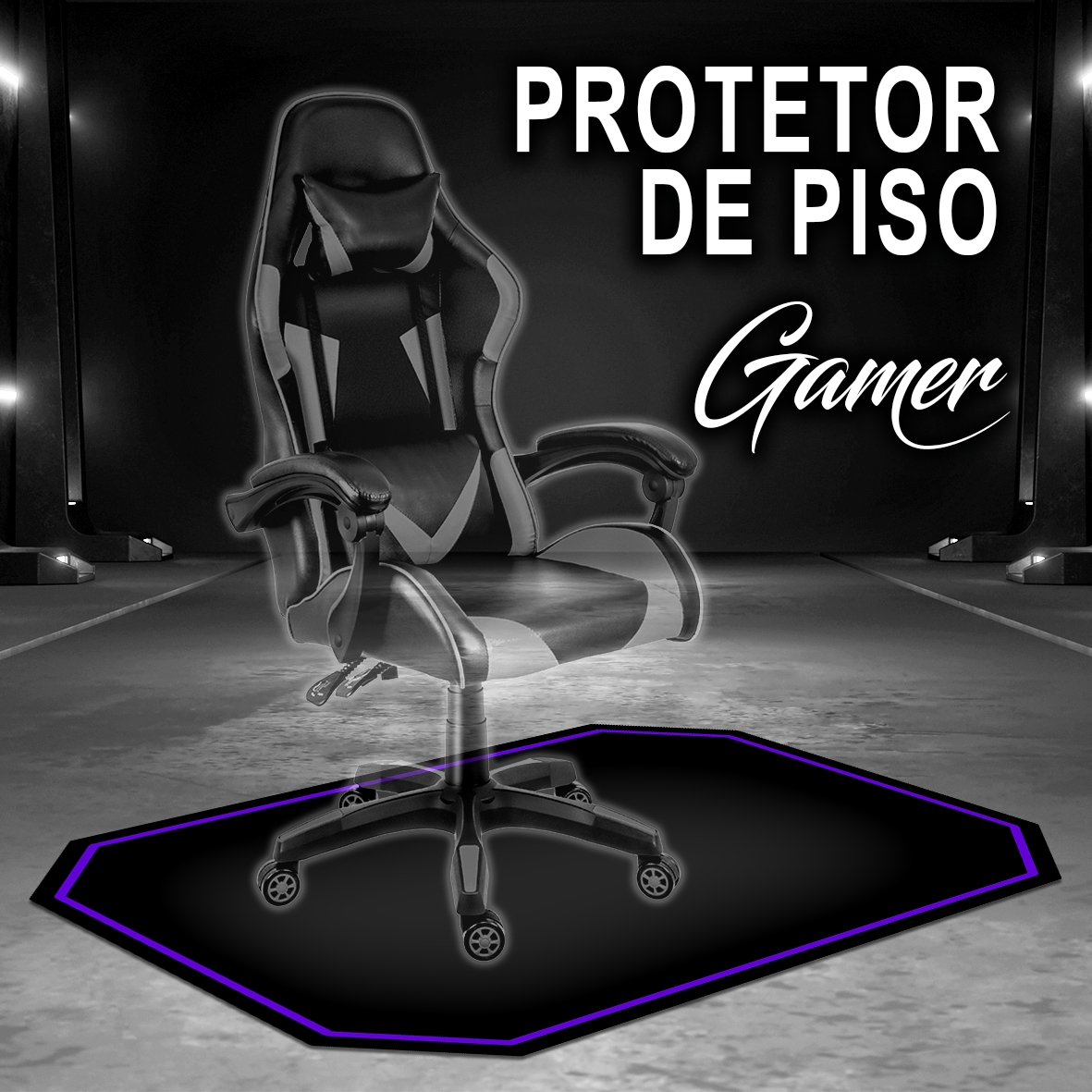 Protetor de Piso Tapete para Cadeira Gamer 1,20x85cm Preto com Borda Roxo