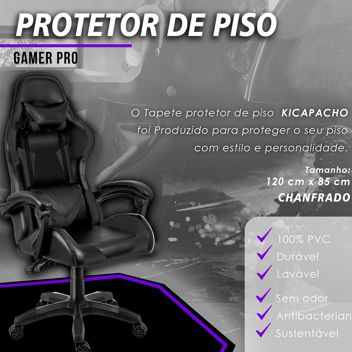 Protetor de Piso Tapete para Cadeira Gamer 1,20x85cm Preto com Borda Roxo