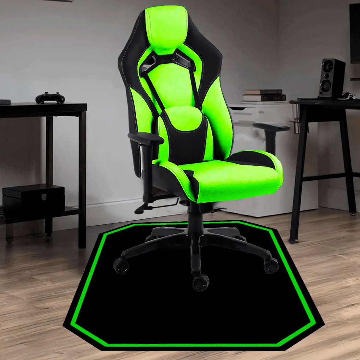 Protetor de Piso Tapete para Cadeira Gamer 1,20x85cm Preto com Borda Verde