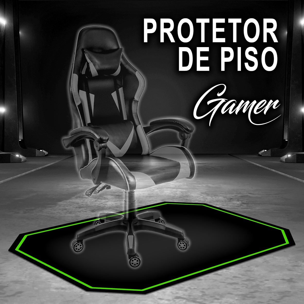 Protetor de Piso Tapete para Cadeira Gamer 1,20x85cm Preto com Borda Verde