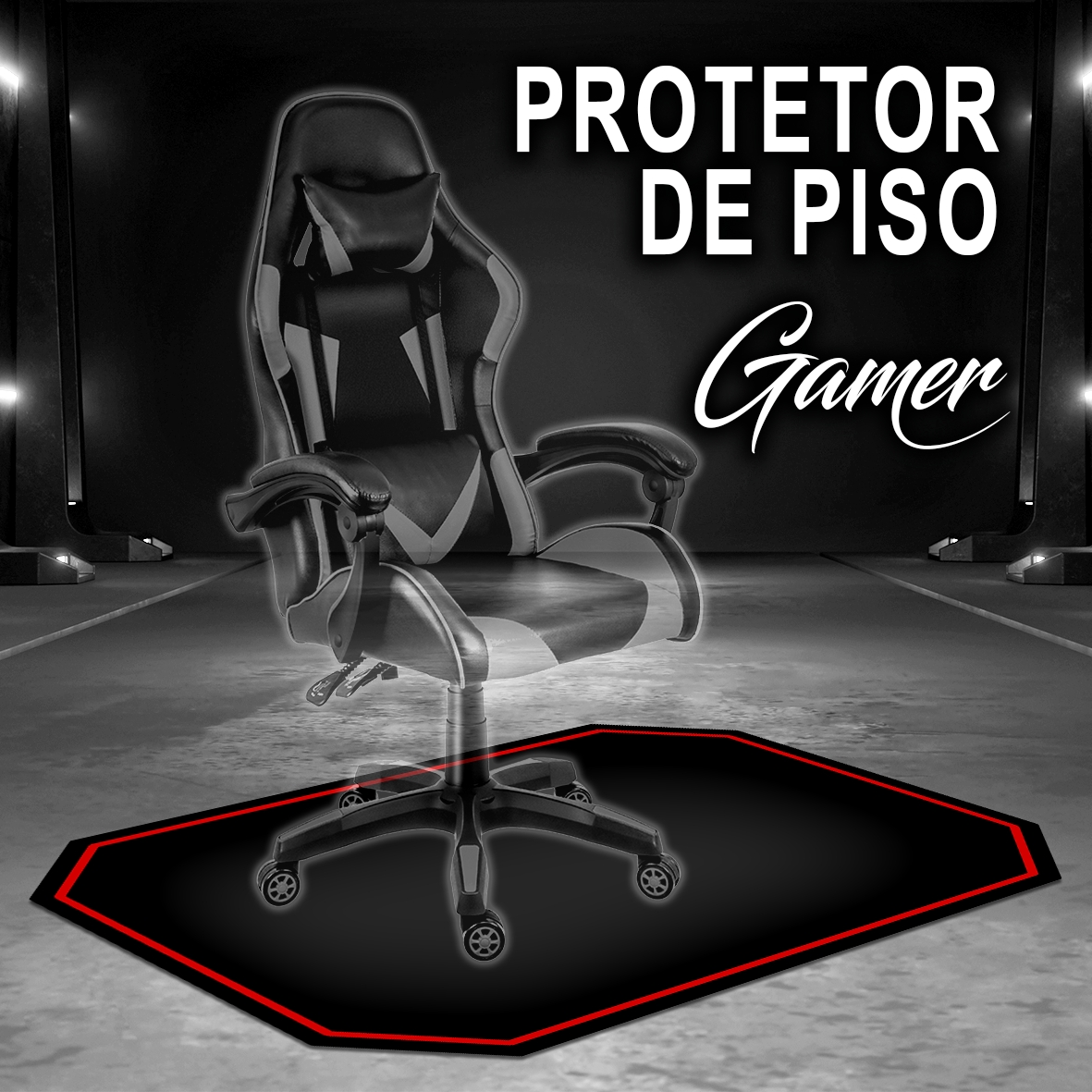 Protetor de Piso Tapete para Cadeira Gamer 1,20x85cm Preto com Borda Vermelha