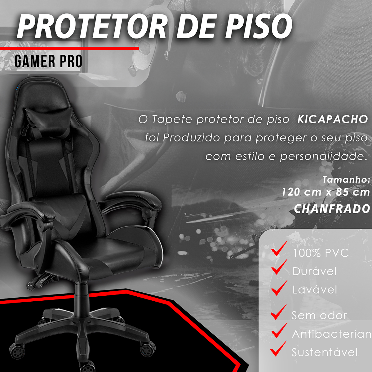 Protetor de Piso Tapete para Cadeira Gamer 1,20x85cm Preto com Borda Vermelha