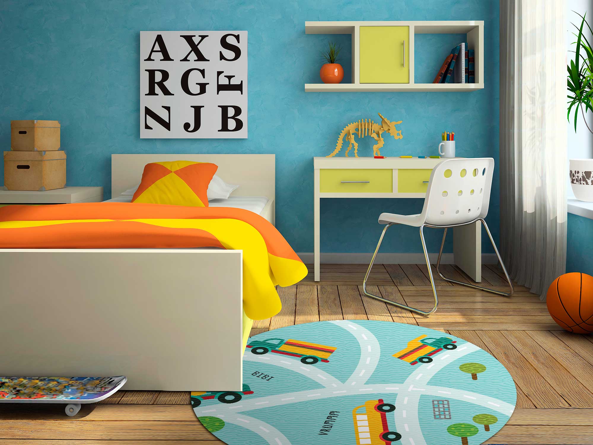 TAPETE INFANTIL QUARTO DE CRIANÇA ANTIALÉRGICO EM PVC CAMINHÃO 70cm REDONDO