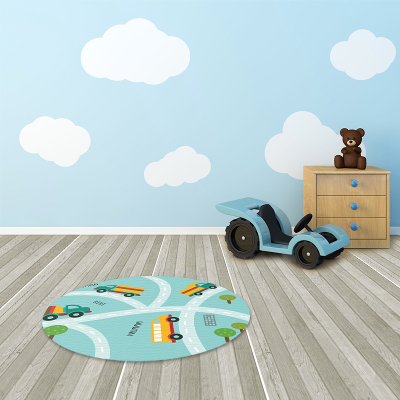 TAPETE INFANTIL QUARTO DE CRIANÇA ANTIALÉRGICO EM PVC CAMINHÃO 70cm REDONDO