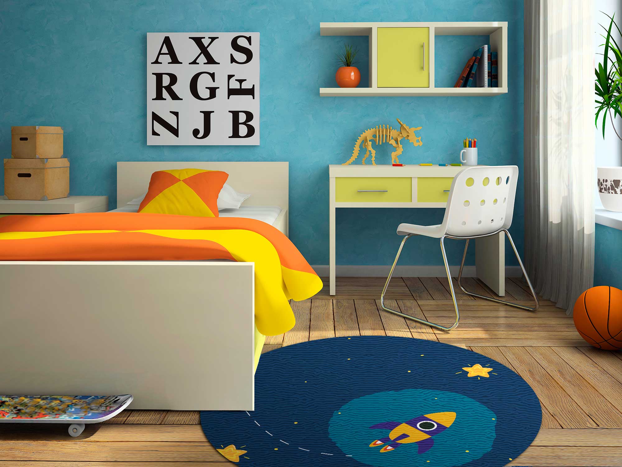 TAPETE INFANTIL QUARTO DE CRIANÇA ANTIALÉRGICO EM PVC FOGUETE 70cm REDONDO