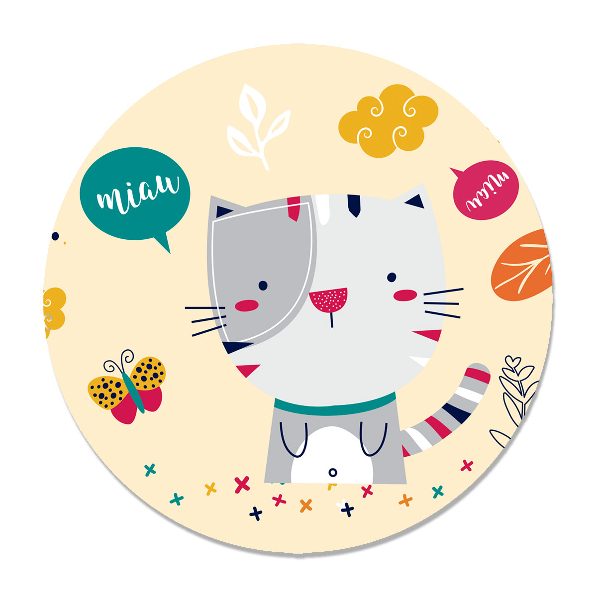 TAPETE INFANTIL QUARTO DE CRIANÇA ANTIALÉRGICO EM PVC GATO 70cm REDONDO