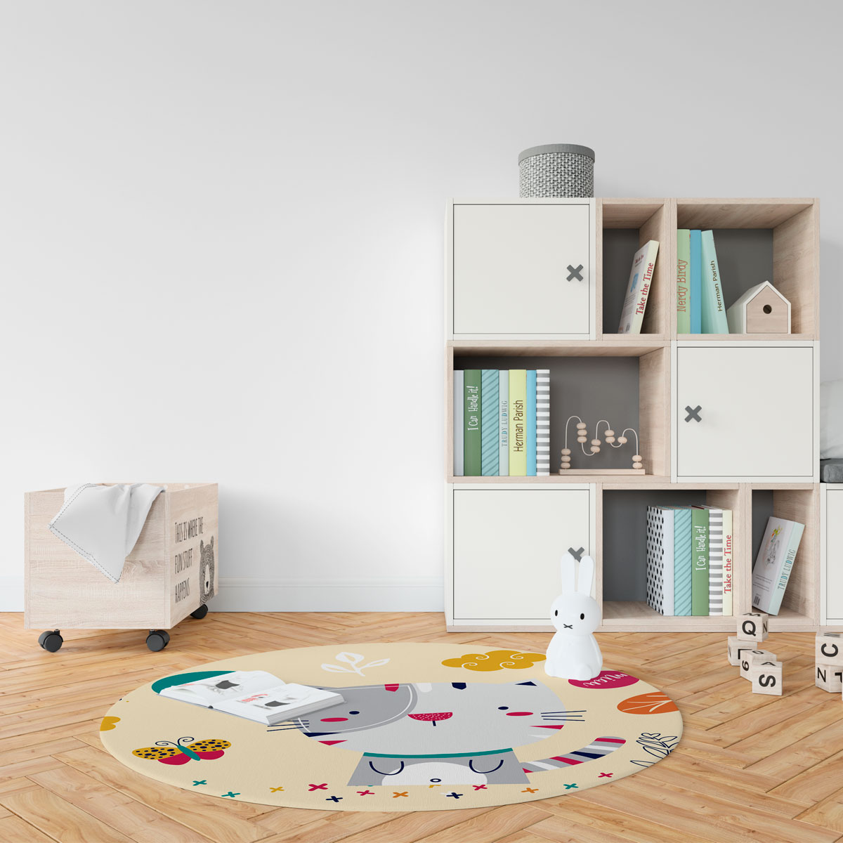 TAPETE INFANTIL QUARTO DE CRIANÇA ANTIALÉRGICO EM PVC GATO 70cm REDONDO