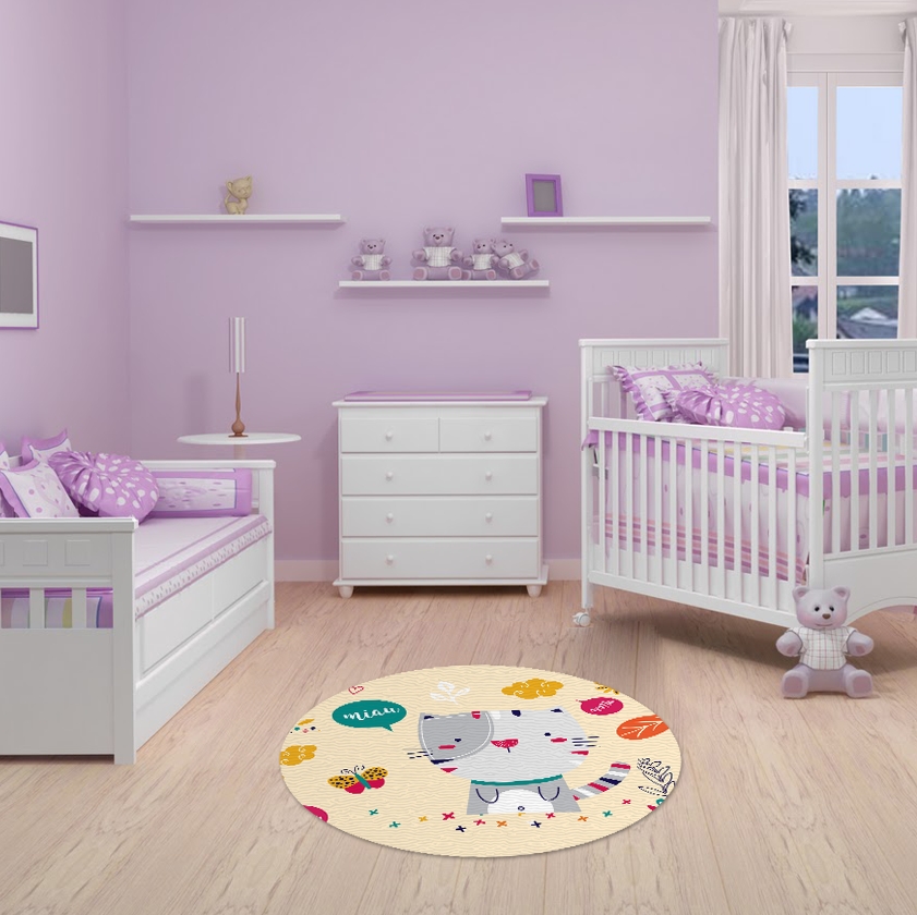 TAPETE INFANTIL QUARTO DE CRIANÇA ANTIALÉRGICO EM PVC GATO 70cm REDONDO