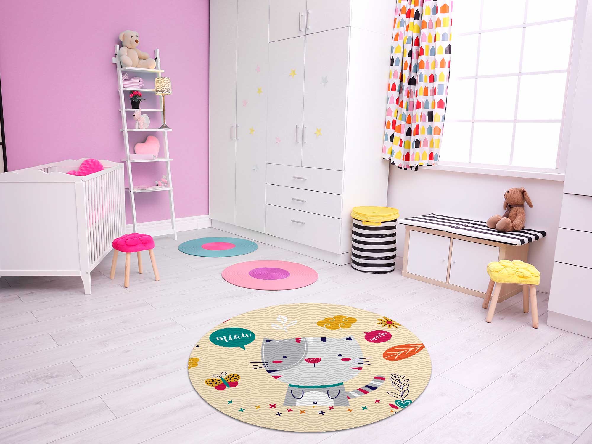 TAPETE INFANTIL QUARTO DE CRIANÇA ANTIALÉRGICO EM PVC GATO 70cm REDONDO