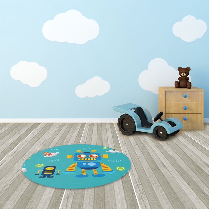 TAPETE INFANTIL QUARTO DE CRIANÇA ANTIALÉRGICO EM PVC ROBÔ 70cm REDONDO