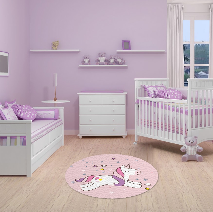 TAPETE INFANTIL QUARTO DE CRIANÇA ANTIALÉRGICO EM PVC UNICÓRNIO 70cm REDONDO