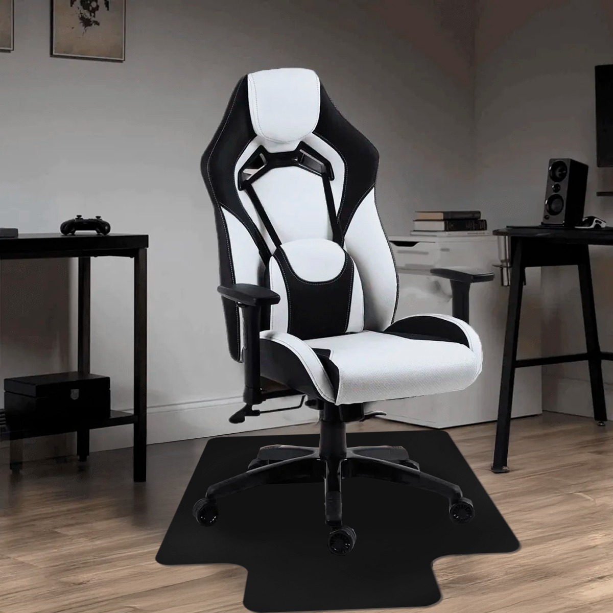 Tapete Protetor de Piso e Cadeira de Rodinhas Poltrona Giratória Gamer Preto 120x85cm
