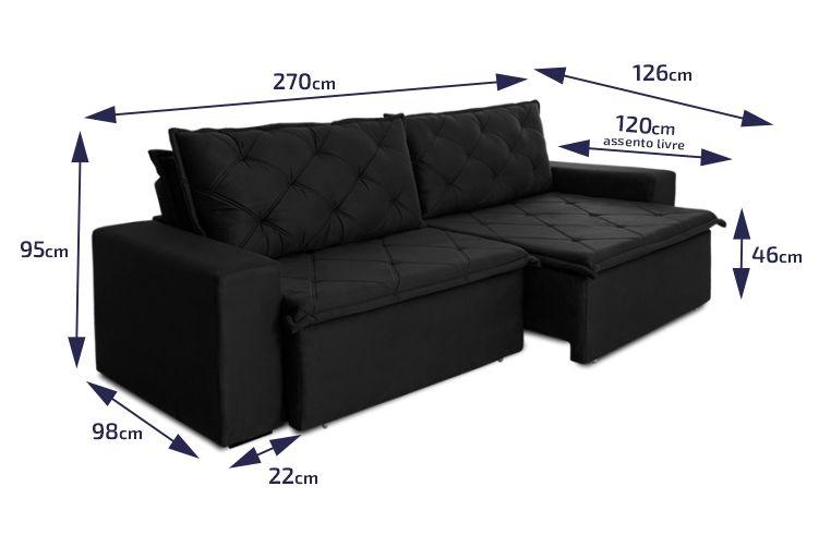 Sofá Cama Bangkok Sem Caixa 2,70m Retrátil e Reclinável Com Molas Velut Preto- King House
