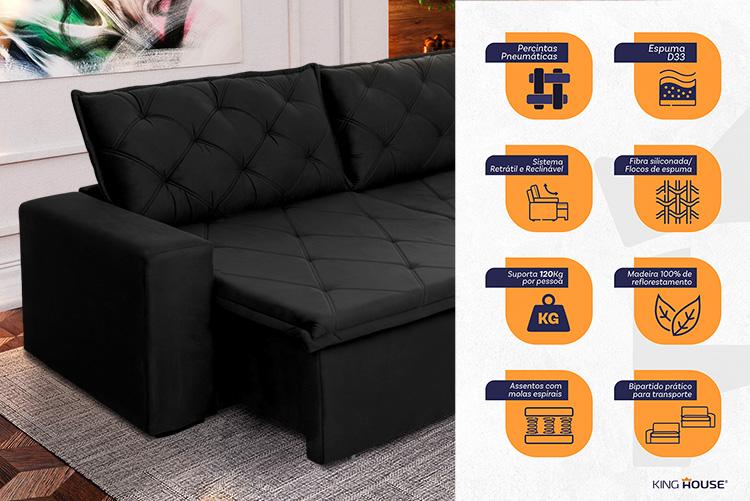 Sofá Cama Bangkok Sem Caixa 2,70m Retrátil e Reclinável Com Molas Velut Preto- King House