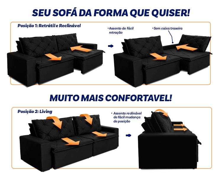Sofá Cama Bangkok Sem Caixa 2,70m Retrátil e Reclinável Com Molas Velut Preto- King House
