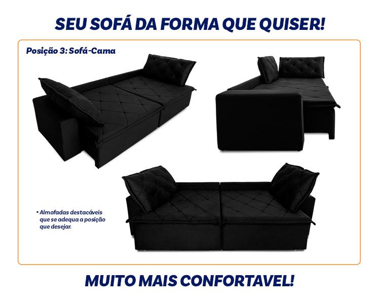 Sofá Cama Bangkok Sem Caixa 2,70m Retrátil e Reclinável Com Molas Velut Preto- King House