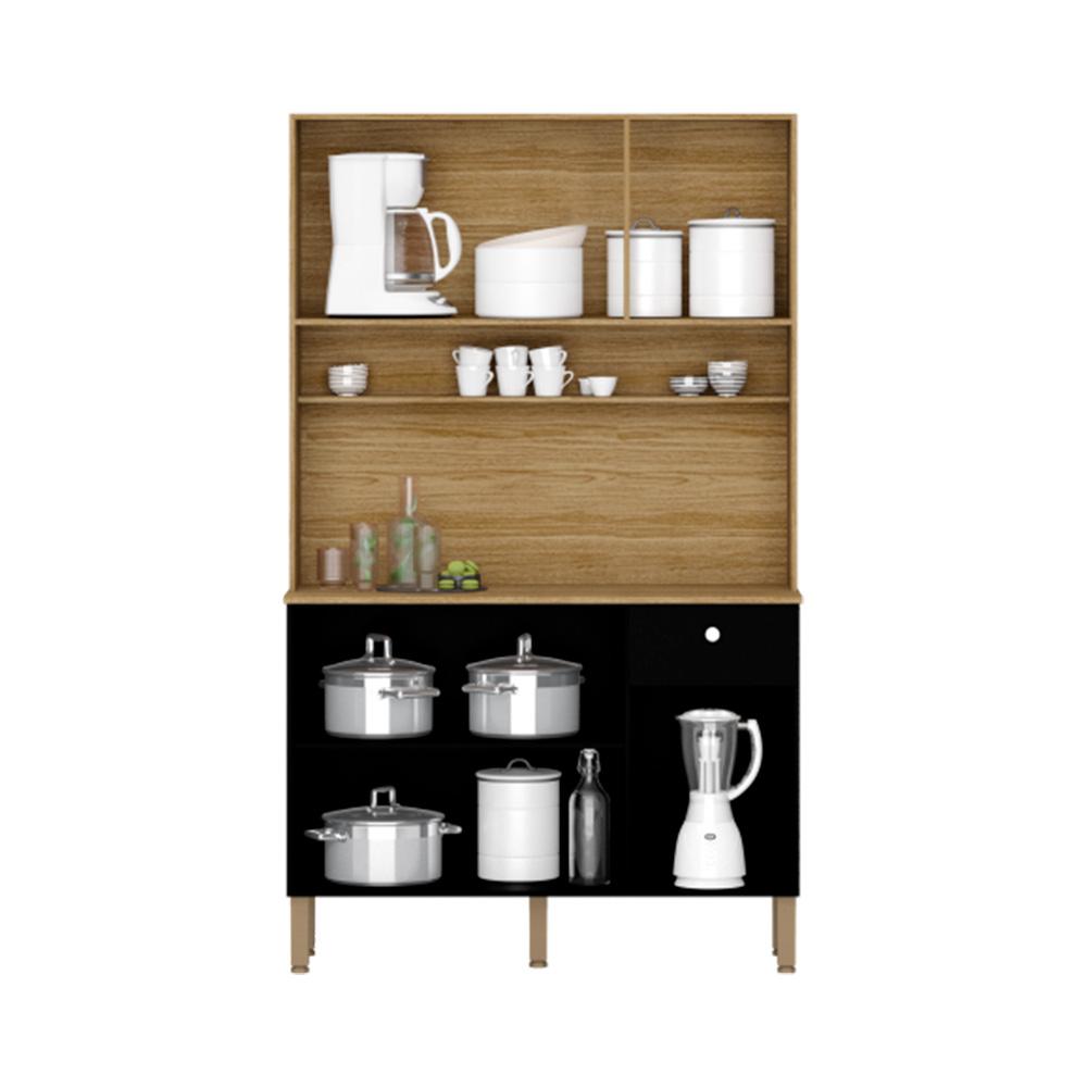 Armario De Cozinha 6 Portas E 1 Gaveta Rubi Style Kits Paraná Cor:Freijo/Nero/CP- Ripado Freijo