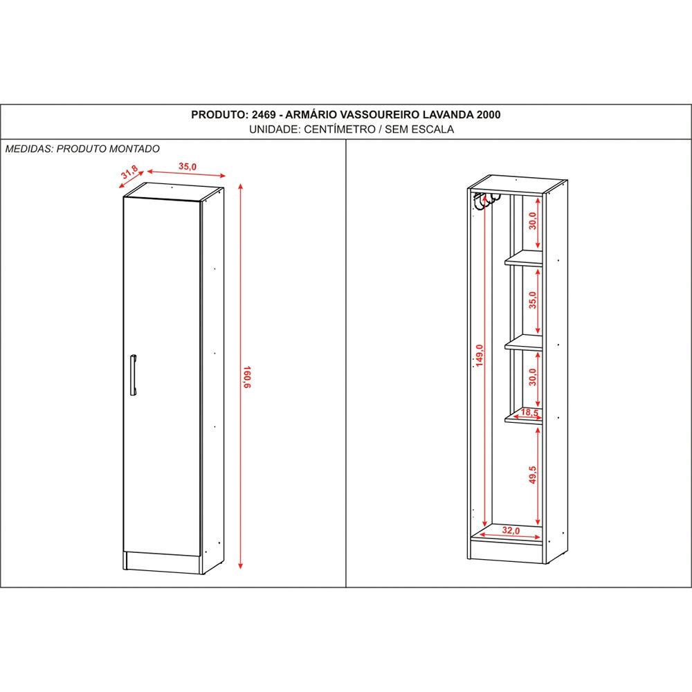 Armario Multiuso 1 Porta Suporte Vassoura Lavanda Kits Paraná Cor:Branco White