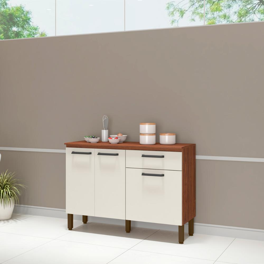 Balcão de Cozinha 120 cm 3 Portas e 1 Gaveta Nogueira Off White Versalhes Kits Paraná