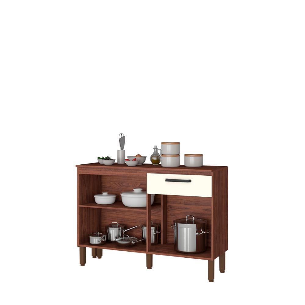 Balcão de Cozinha 120 cm 3 Portas e 1 Gaveta Nogueira Off White Versalhes Kits Paraná