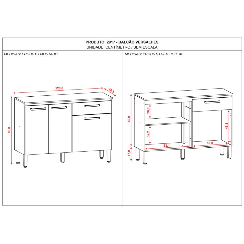 Balcão de Cozinha 120 cm 3 Portas e 1 Gaveta Nogueira Off White Versalhes Kits Paraná