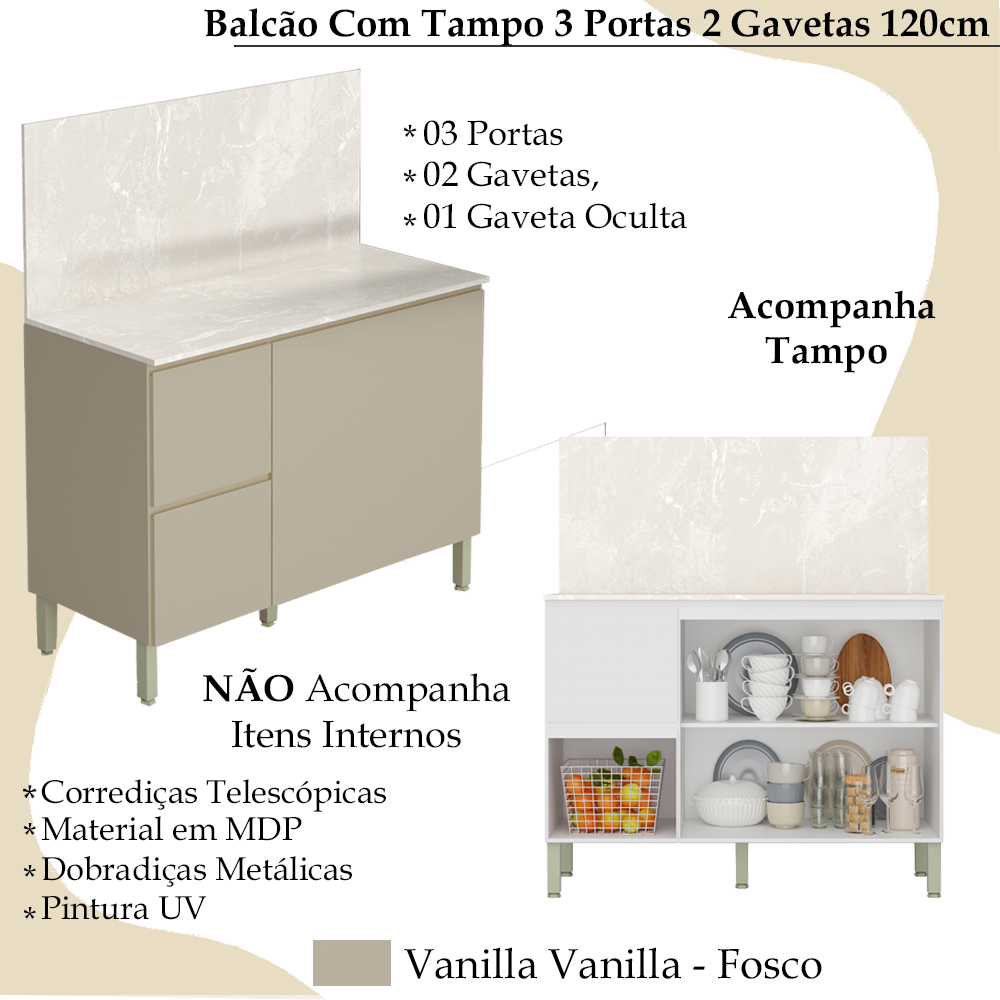 Balcao Com Tampo 120cm 3PT 2GAV 3022ART Vanilla Vanilla KTP