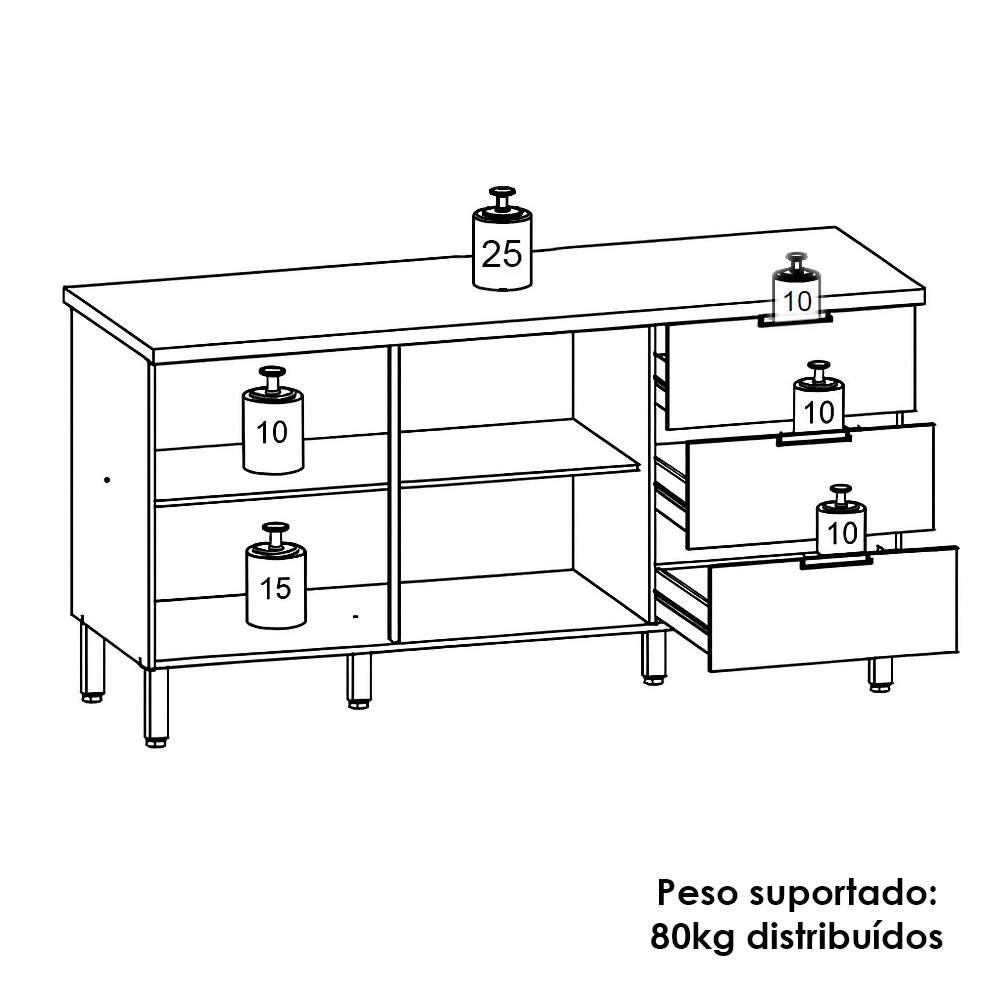 Balcao Com Tampo 2 Portas 3 Gavetas 160 cm Glam Freijo KTP