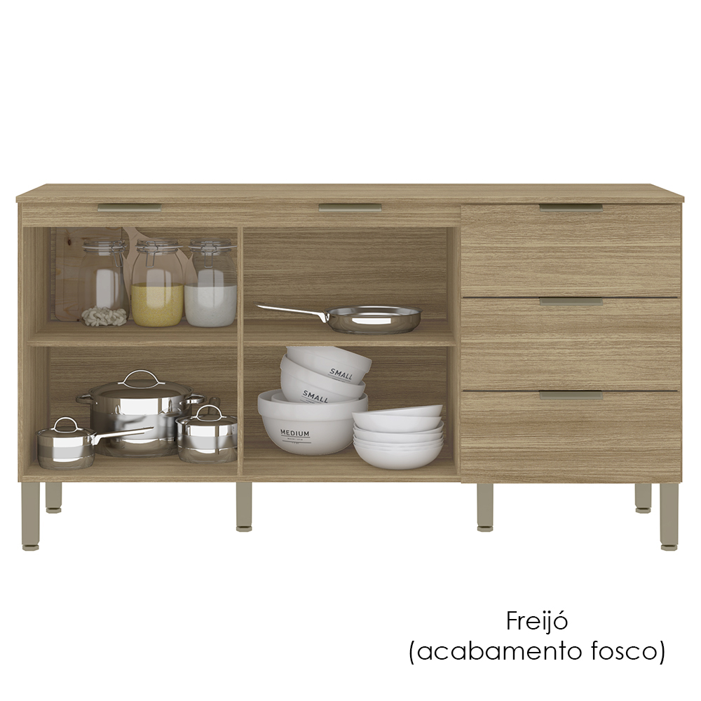 Balcao Com Tampo 2 Portas 3 Gavetas 160 cm Glam Freijo KTP