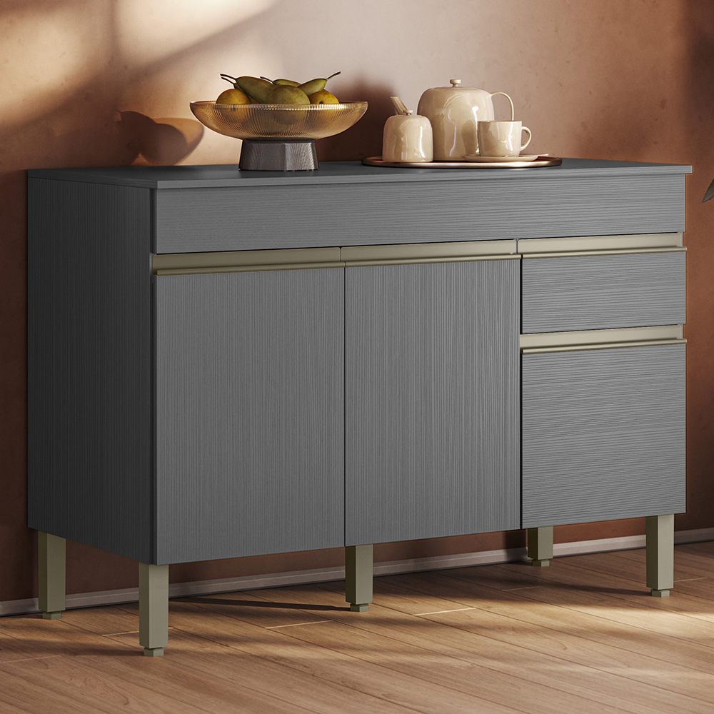 Balcao Com Tampo 3 Portas 1 Gaveta 120 cm Line Gris KTP
