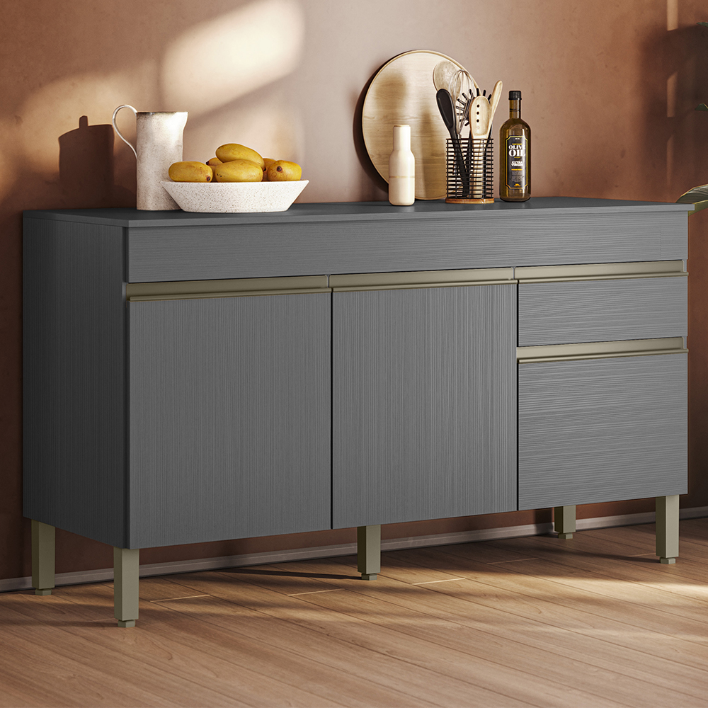 Balcao Com Tampo 3 Portas 1 Gaveta 150 cm Line Gris KTP