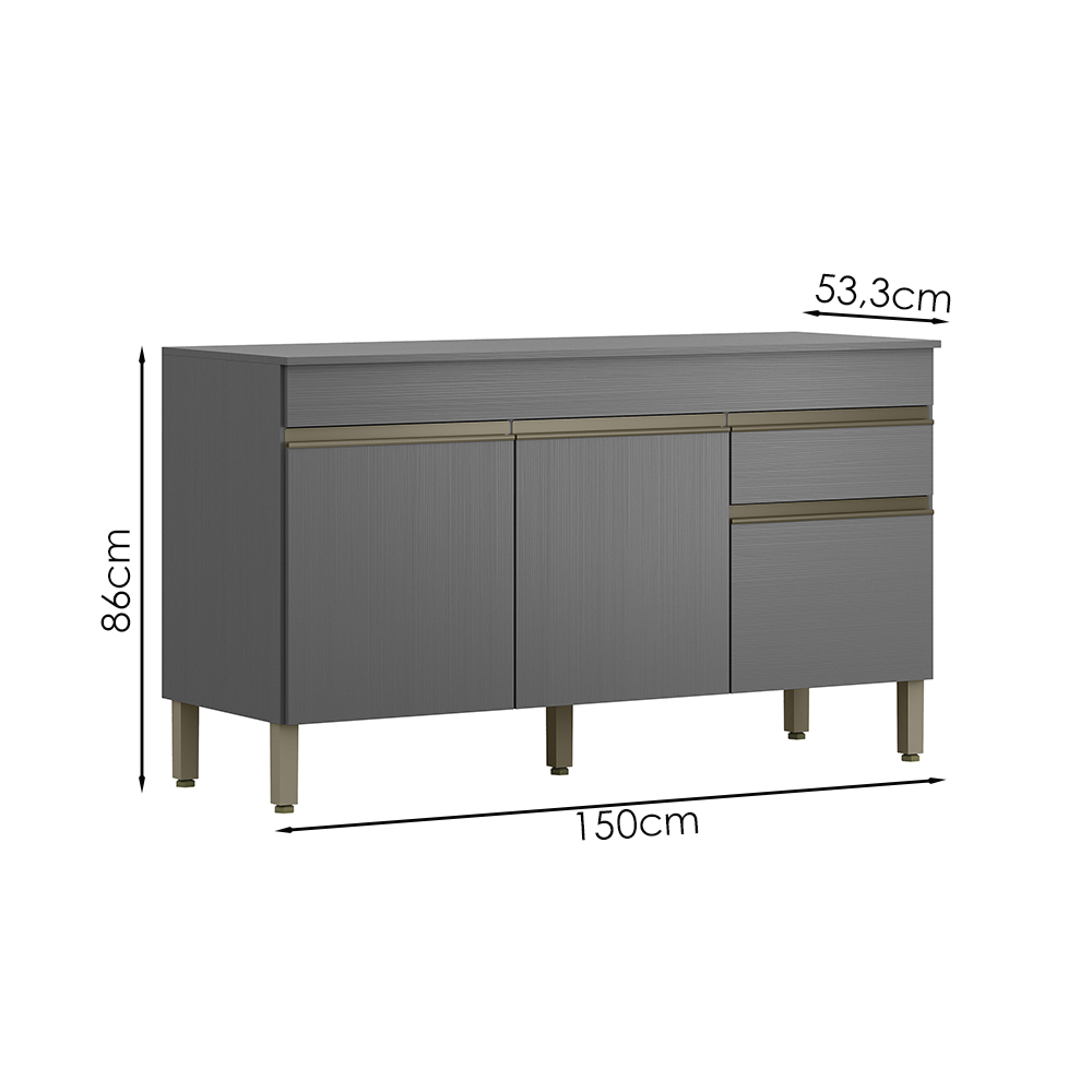 Balcao Com Tampo 3 Portas 1 Gaveta 150 cm Line Gris KTP
