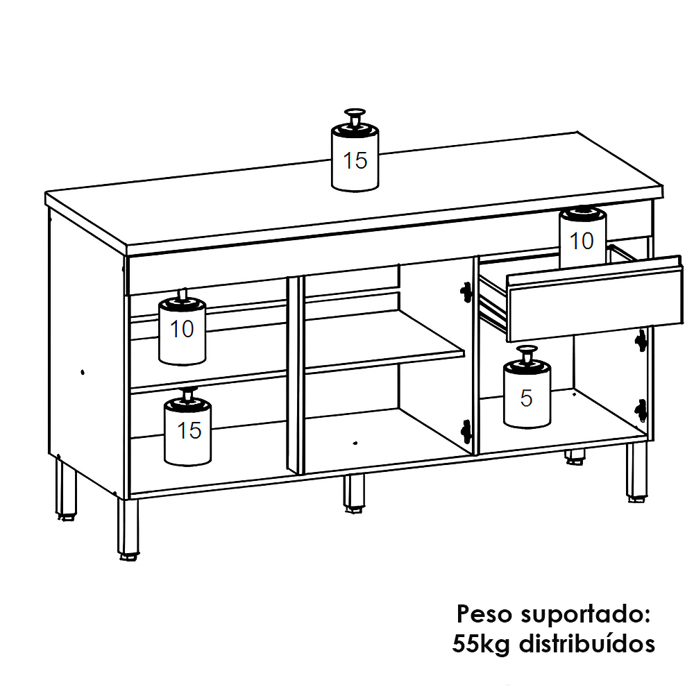 Balcao Com Tampo 3 Portas 1 Gaveta 150 cm Line Gris KTP