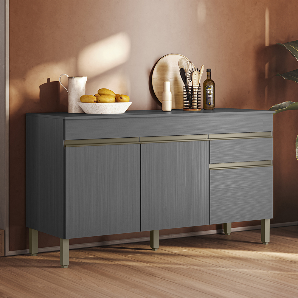 Balcao Com Tampo 3 Portas 1 Gaveta 150 cm Line Gris KTP