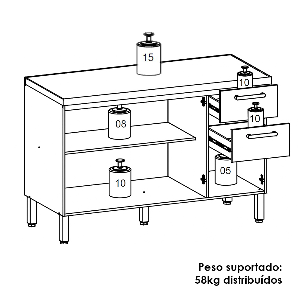 Balcao Com Tampo 3 Portas 2 Gavetas 120 cm Urbane Freijo KTP