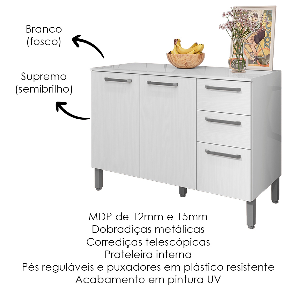 Balcao Com Tampo 3P 2G 120 cm Mad Versalhes Branco Supremo KTP