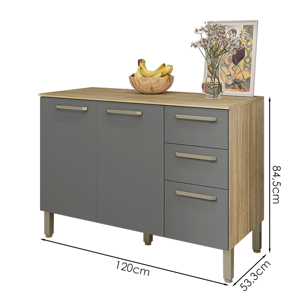 Balcao Com Tampo 3P 2G 120 cm Mad Versalhes Freijo Gris KTP