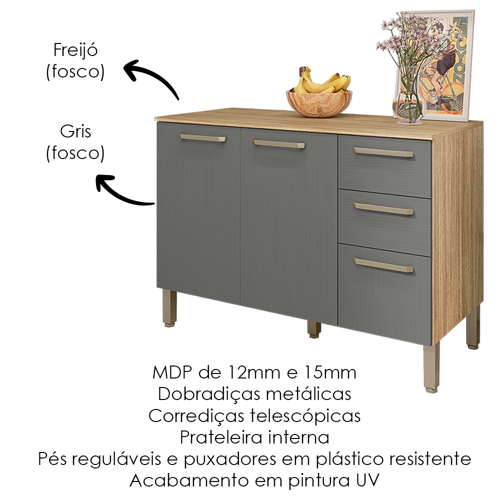 Balcao Com Tampo 3P 2G 120 cm Mad Versalhes Freijo Gris KTP
