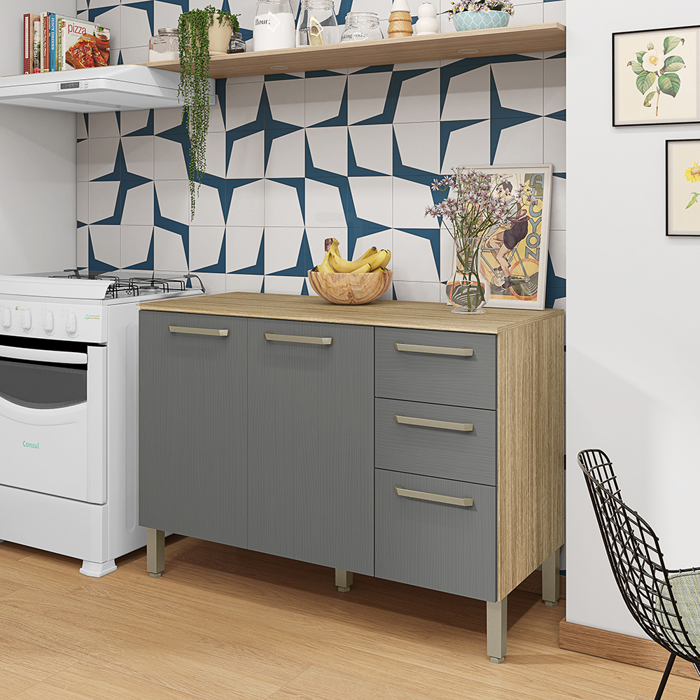 Balcao Com Tampo 3P 2G 120 cm Mad Versalhes Freijo Gris KTP