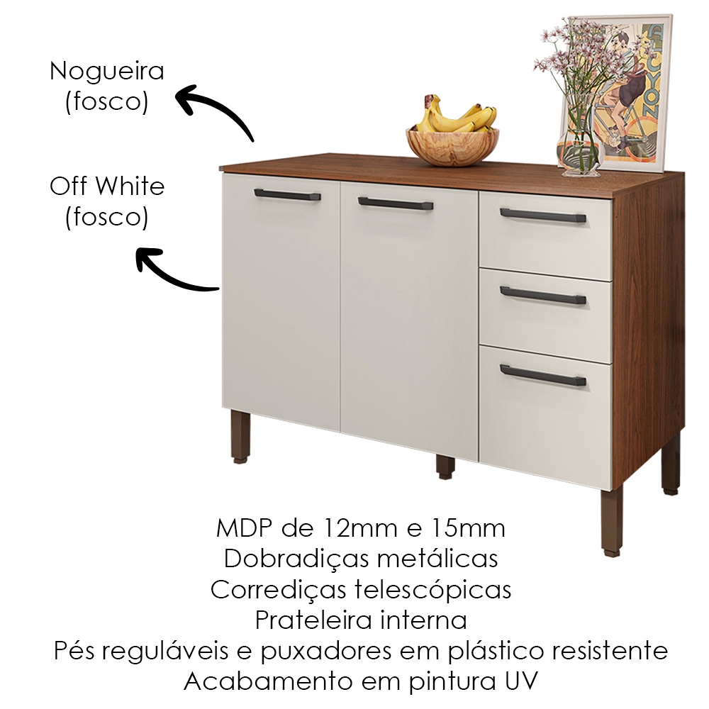 Balcao Com Tampo 3P 2G 120 cm Mad Versalhes Nogueira Off White KTP
