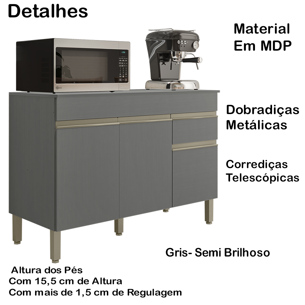 Balcao Com Tampo 3PT 120cm 2961 Gris Gris KTP