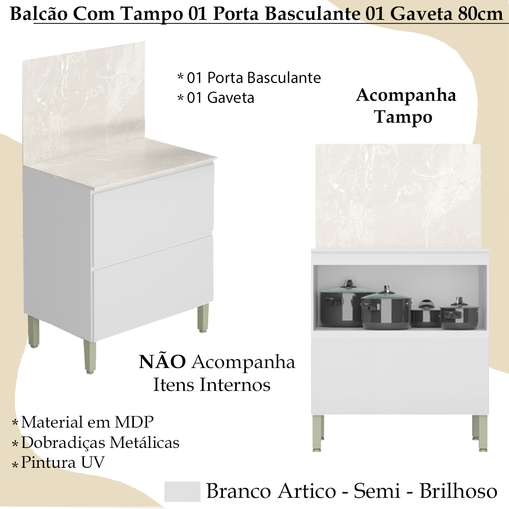 Balcao Com Tampo 80cm 1PT Basculante 1GAV 3021ART Branco Artico KTP