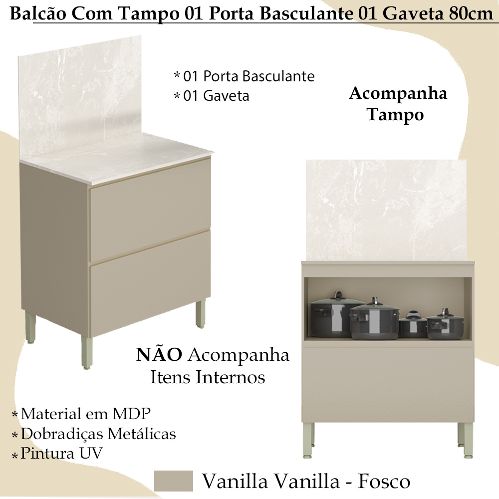 Balcao Com Tampo 80cm 1PT Basculante 1GAV 3021ART Vanilla Vanilla KTP