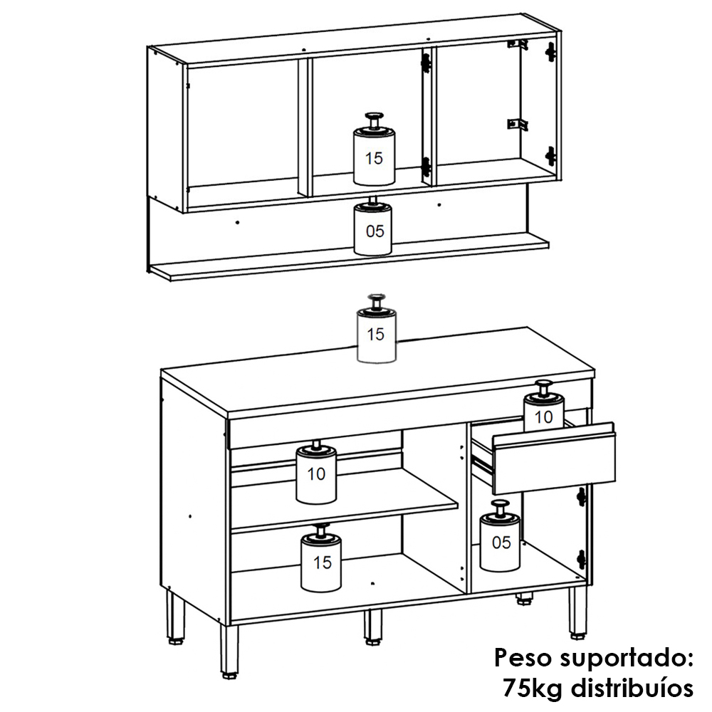 Balcao Com Tampo e Armario Aereo 120 cm Line Gris Cp Freijo KTP
