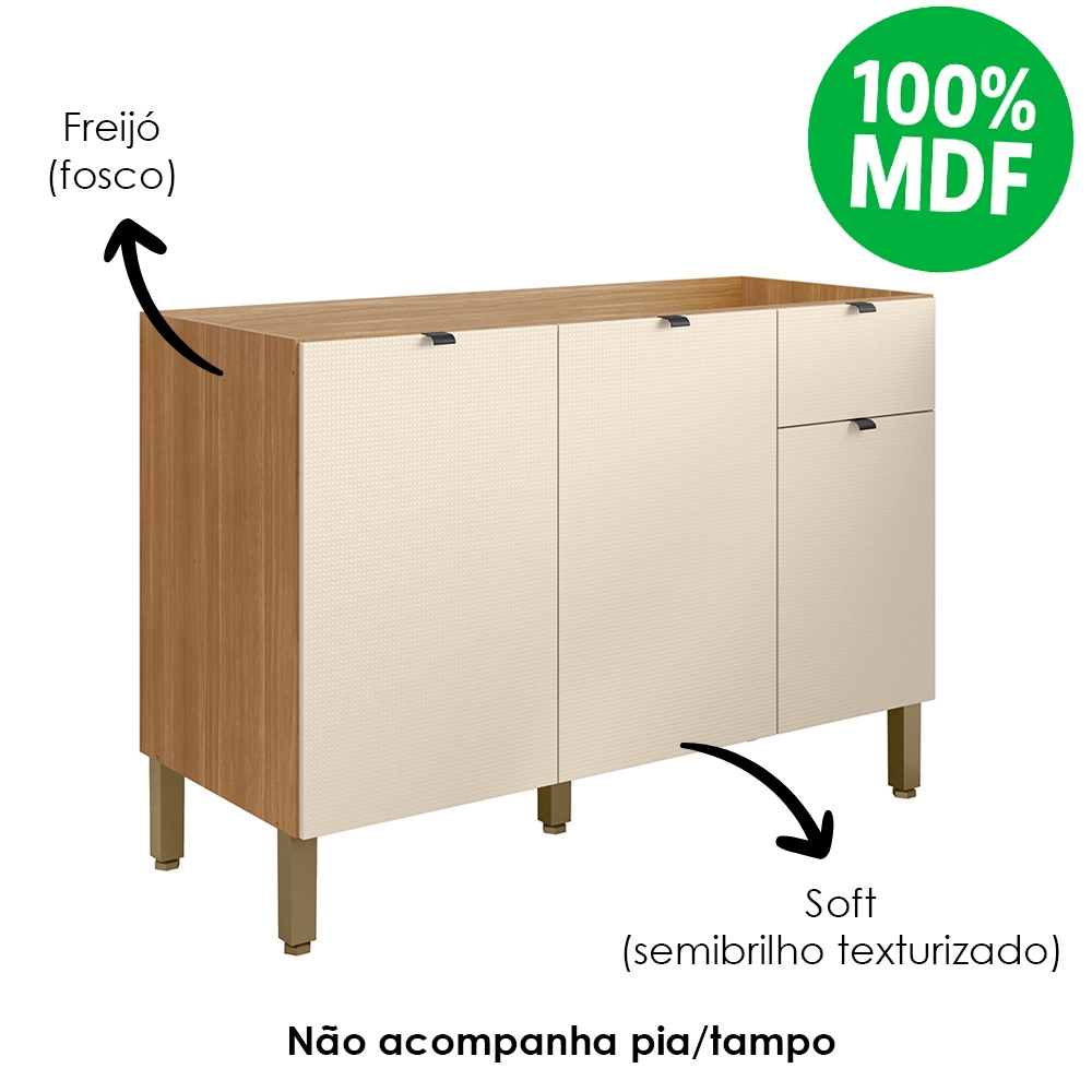 Balcao Para Pia 120 cm MDF Vert Plus Freijo Soft KTP