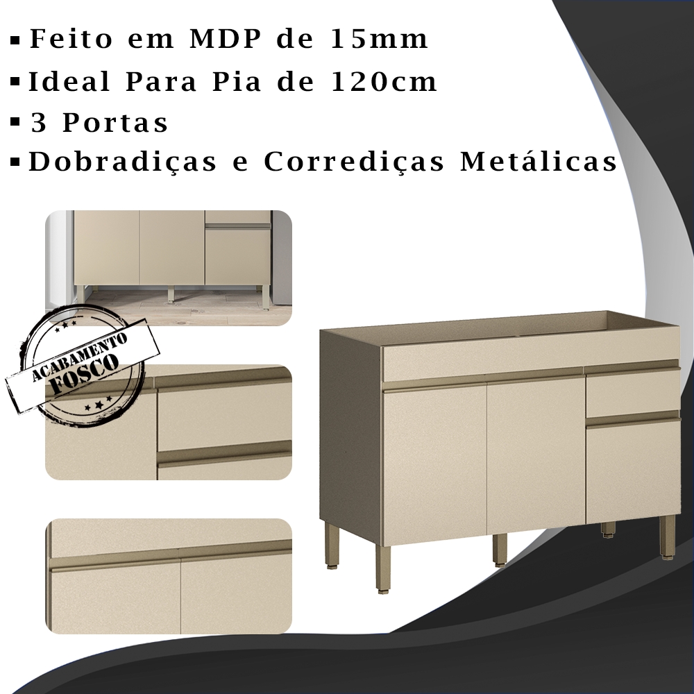 Balcao Para Pia 120cm 3 Portas 2960 Vanilla KTP